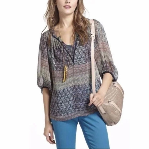 ANTHROPOLOGIE MAEVE Sheer Multi Color 3/4 Sleeves Boho Blouse Top Size S - Picture 1 of 16